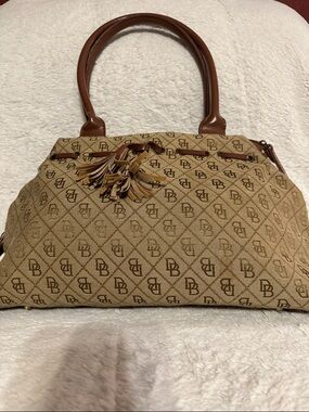 Dooney & Bourke Tan Monogram Shoulder Bag with Brown Trim